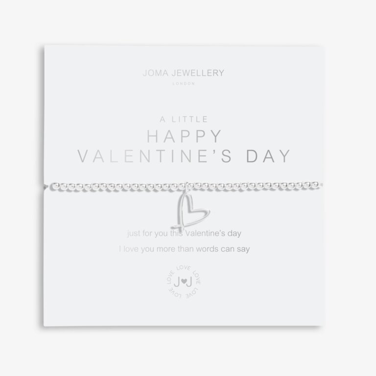 A Joma Jewellery 'Happy Valentine's Day' A Little Bracelet. A lovely silver beaded bracelet with a hanging heart charm. Presented on a white card paired with a sweet sentiment. A perfect Valentine's Day Gift. 