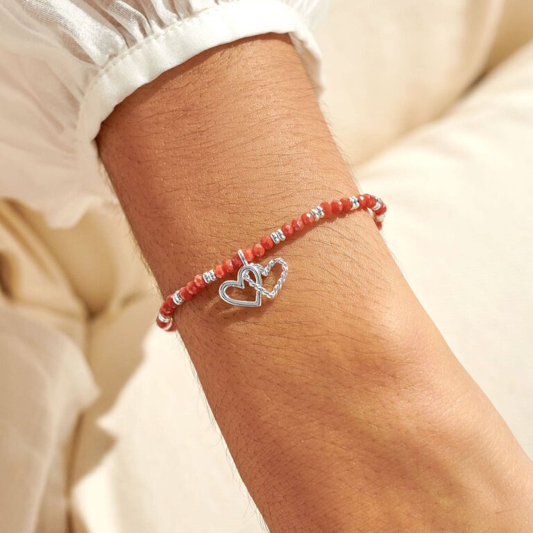 Boho Beads Double Heart Bracelet In Coral And Silver Plating