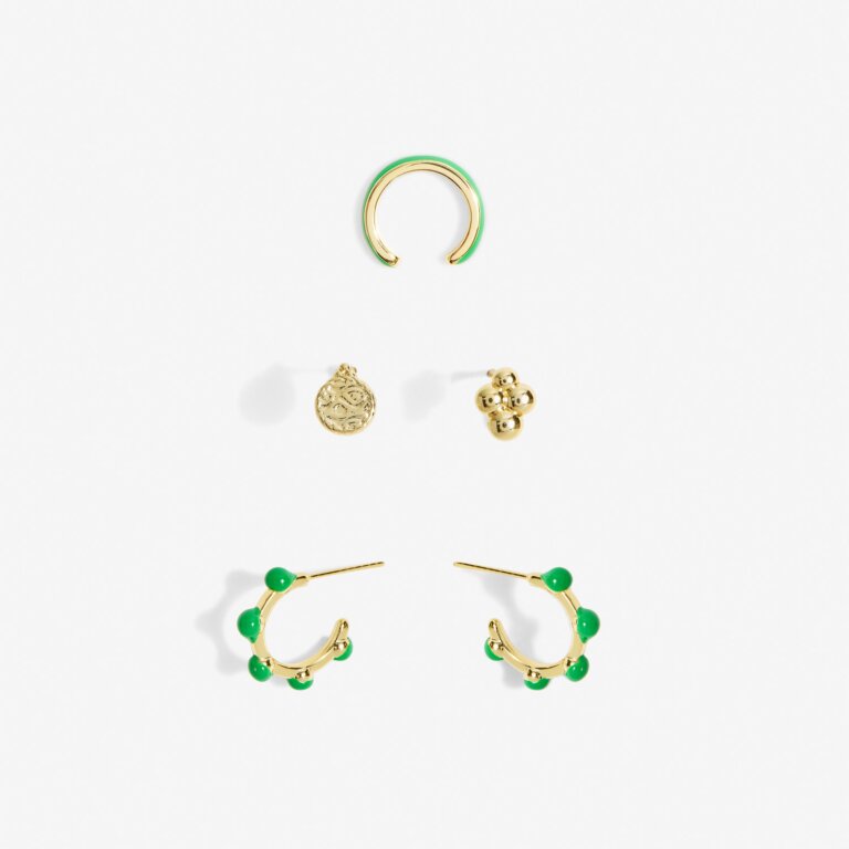 Stacks Of Style Set Of Earrings In Green Enamel And Gold Plating