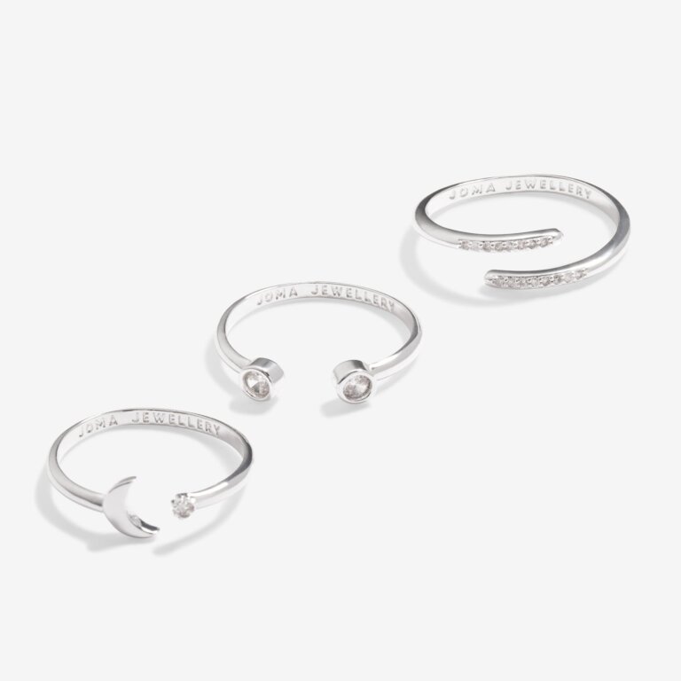 Stacks Of Style Set Of 3 Moon Rings In Cubic Zirconia And Silver Plating