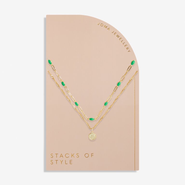 Stacks Of Style Necklace In Green Enamel And Gold Plating
