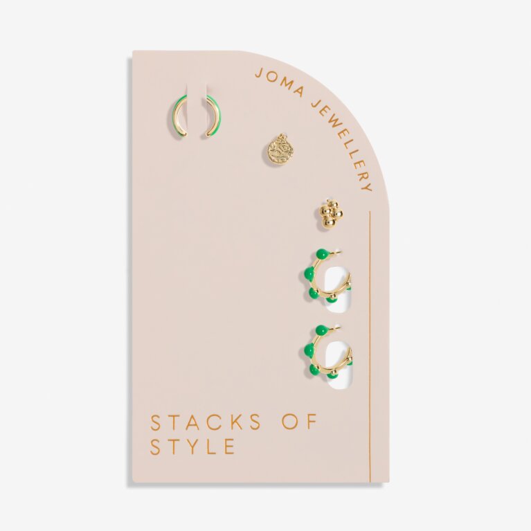 Stacks Of Style Set Of Earrings In Green Enamel And Gold Plating