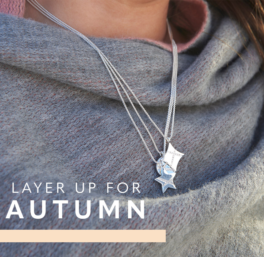 Layers fro Autumn. Piper collection necklaces layered over a grey jumper