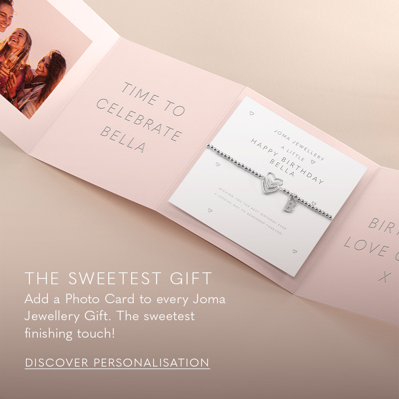 image of a personalised photo card with a silver charm bracelet with individual charms and september birthstone. The card also has a personalised message